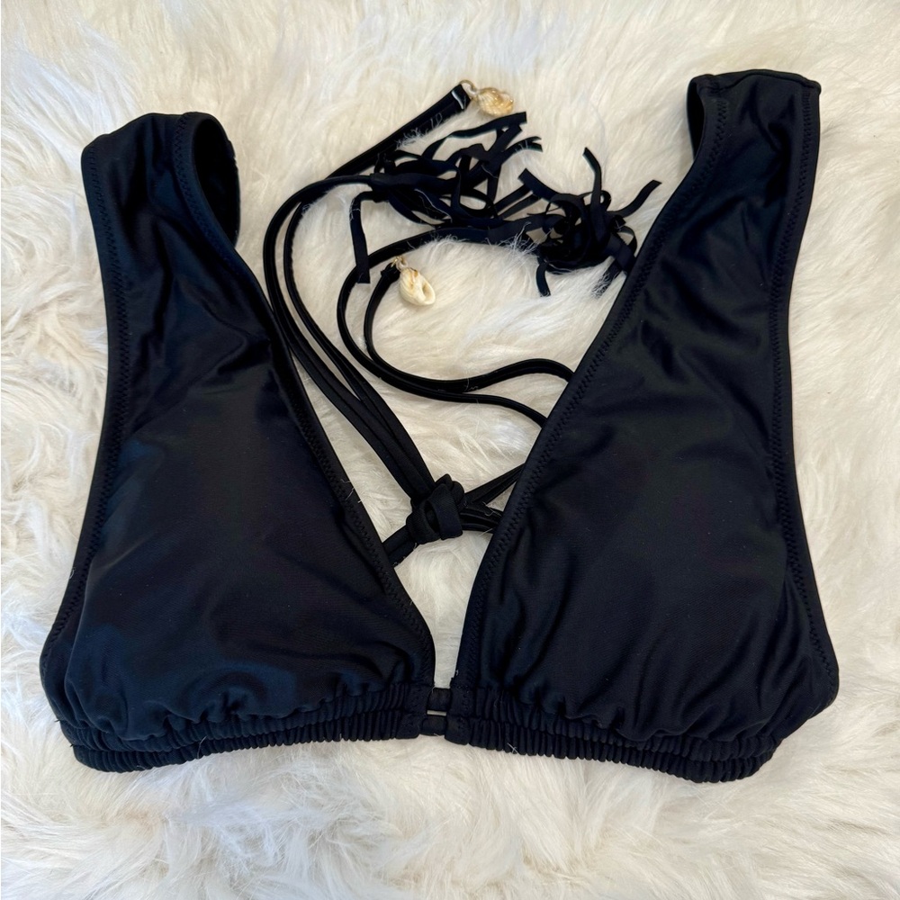 Aerie Plunge Black Triangle Bikini Top Tassels and Seashells Size Large